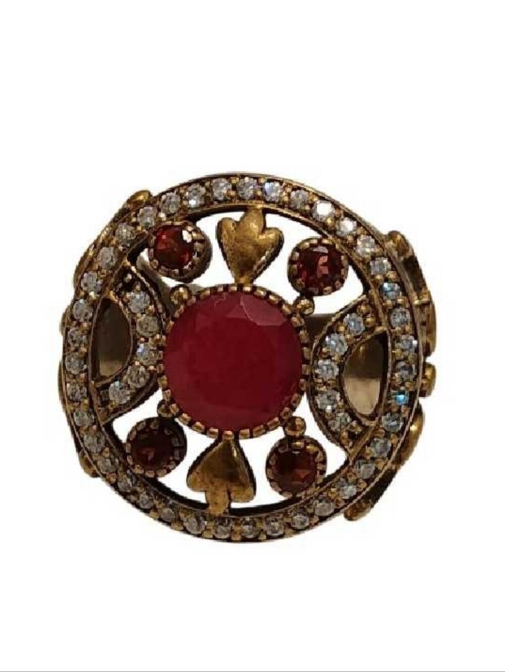 Turkish Ottoman 925 Silver Ruby Statement Ring Size 6 Vintage CZ Halo Boho